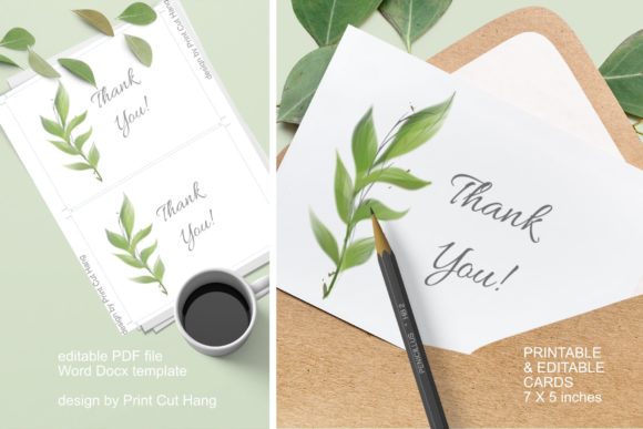 Thank You Cards Green Watercolor Leaves Print Templates